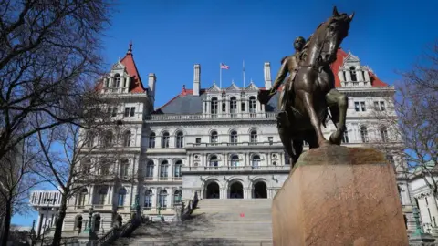 Getty Images The Albany statehouse with a statue of a horse in front