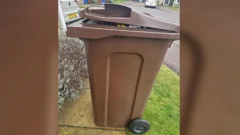 Andy Hall A full brown bin on some paving near a patch of grass 