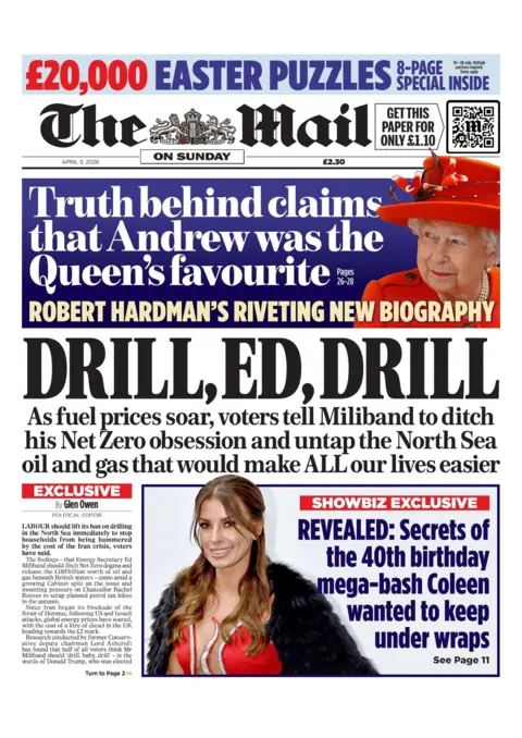 "Drill, Ed, Drill" reads the headline on the front page of the Mail on Sunday.