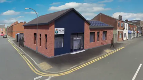 An artist impression of a police station on the corner of a road. It is a red brick building with a blue painted front with a glass public entrance door and a sign that says Merseyside Police. 