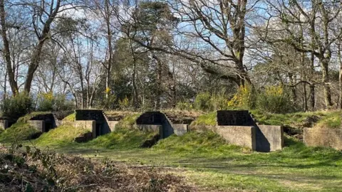 Sophie Martin The air raid shelters in Limpsfield, Surrey, which are opening to the public. A number of air raid shelters can be seen surrounded by grass and woodland.