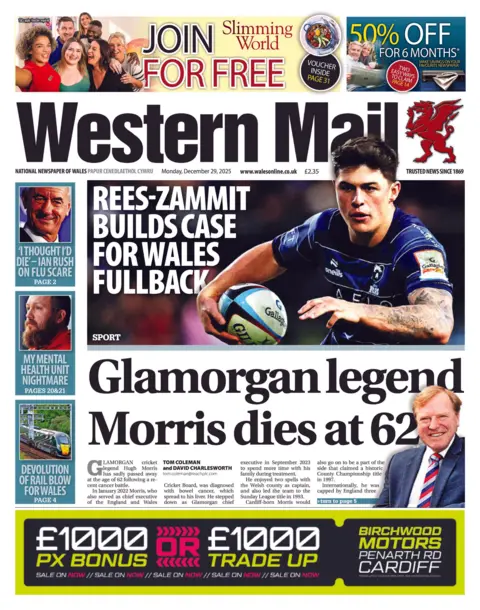 Western Mail Western Mail front page. Headline reads: "Glamorgan legend Morris dies at 62"