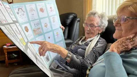 Simon Thake/BBC Two elderly women sit together looking at drawings on a large homemade card