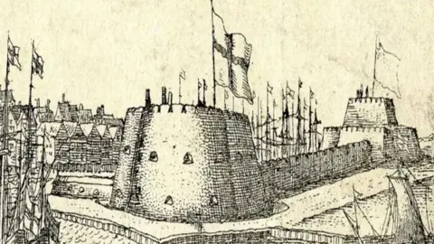 A black and white print of the South Blockhouse showing a series of turrets with flags on linked by a wall with houses in the background and sailing ships in the foreground