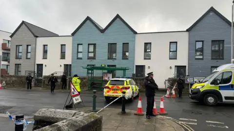 Police officers in the West Hoe area standing on both a pavement and the road. There are about five officers in one small area and a police cordon in place.