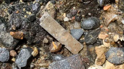 Jason Sandy A close-up piece of Doves Type among stones and mud on the foreshore of the River Thames