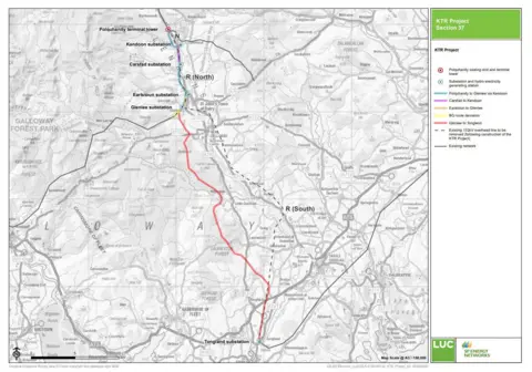 SPEN A map showing the route of proposed power lines through Galloway