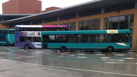 Buses parked up at a bus station in Leicester
