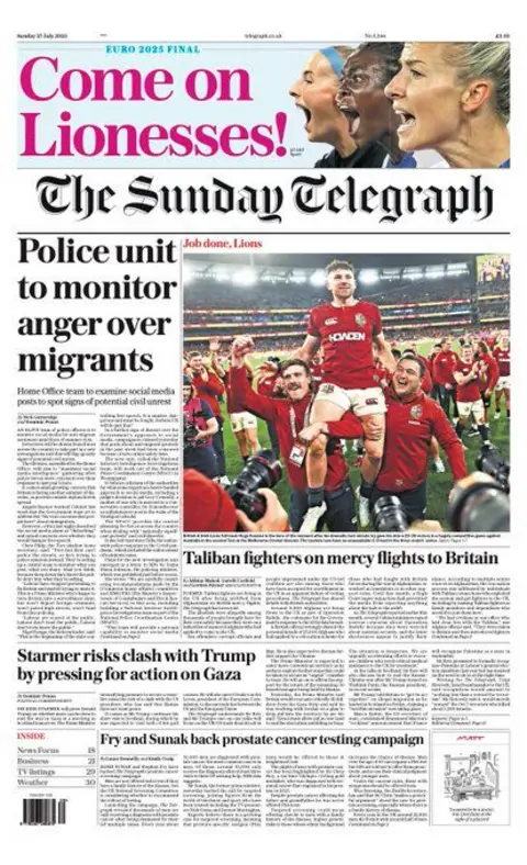 The Sunday Telegraph has three Lionesses pictured in profile so that they appear to be shouting the headline, "Come on Lionesses!". 