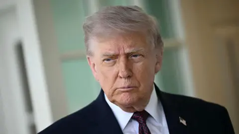 A picture of US President Donald Trump wearing a white shirt, navy suit and blue and red spotted tie.