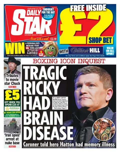 "Tragic Ricky had brain disease," reads the headline on the front page of the Daily Star.