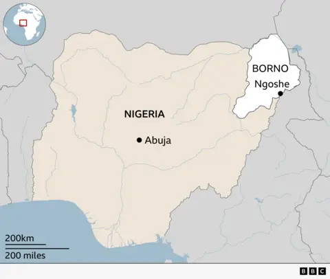 Map of Nigeria showing the capital Abuja roughly in the centre of the country and Borno state in the north-east. The village of Ngoshe is labelled in the south-east of Borno. A small locator show Nigeria is in the west of Africa.