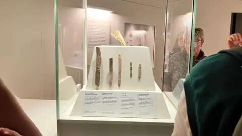 BBC/Jacob Tomlinson Carved bones in mounted on a white display in a glass case