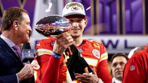 Patrick Mahomes with the Vince Lombardi Trophy