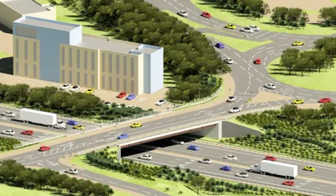 Highways England A CGI image showing how the A432 Badminton Road bridge will look when completed. It has several cars and lorry, with lots of trees around the road and bridge.