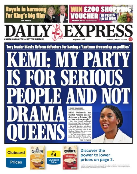 The headline on the front page of the Express reads: "Kemi: My party is for serious people and not drama queens".