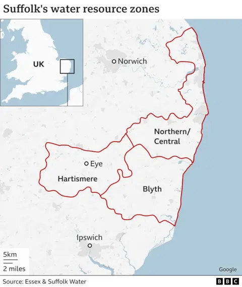 A map showing three of Suffolk's water resource zones. Shown are Hartismere, Northern/Central and Blyth. Hartismere has the town of Eye almost in the middle.