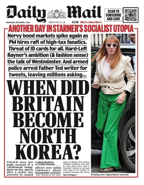 The headline on the front page of the Daily Mail reads: "When did Britain become North Korea?" 