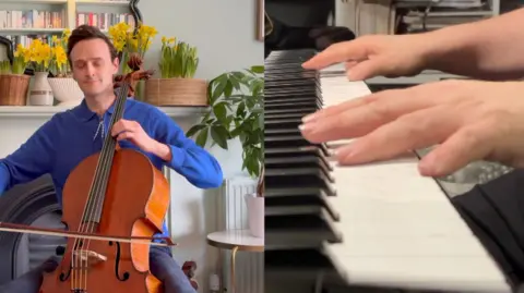 A composite shot of Ciaran Jenkins playing the cello in a living room and Steve Rosenberg's hands playing the piano