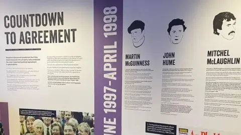 Description board with biographical information on Martin McGuinness, John Hume and Mitchel McLaughlin. 