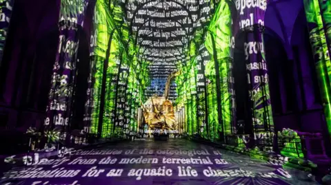 The nave of Salisbury Cathedral lit up for the Sarum Lights. Words are projected against the floor, ceiling and columns with green and purple backlighting.