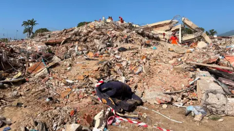 Mark Leeson A massive mountain of rubble, presumably of destroyed buildings. There is red and white tape on the floor as well as items, pieces of metal and brick, and brick. There are several people in orange suits walking among it