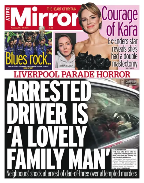 The headline on the front page of the Daily Mirror reads "arrested driver is 'a lovely family man'".