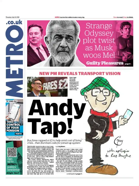 The headline on the front page of the Metro reads: “Andy Tap!”.