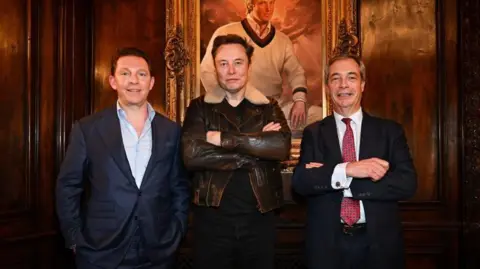 PA Media Nick Candy, Elon Musk and Nigel Farage pose for a photo