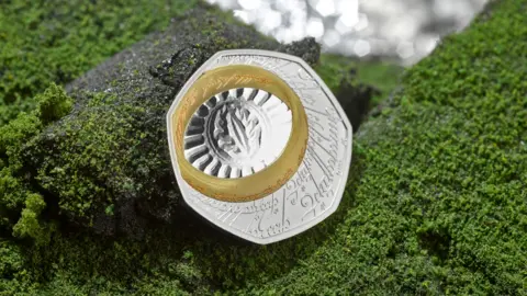 A single coin on a graphic background of granite grey rock frosted in green lichen. The coin is silver with an etched inscription in Elfish, a Lord of the Rings script and language. A gold band, the one ring, also inscribed in Elvish, is at the top left of the seven sided coin.