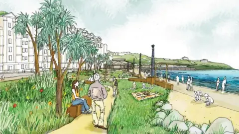 DOUGLAS COUNCIL A drawing of the plans in the Queen's Promenade sunken garden, there are large grassy areas, children play in a sandy area there is seating along a winding path and trees.
