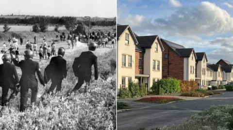 A composite image. On the left is a black and white photo of police officers running across a field with batons and shield. On the right is a street of uniform, three-floor brick and white houses with driveways.