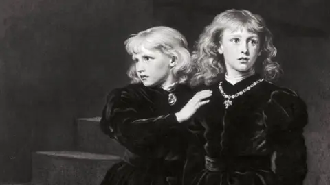 A vintage etching of two princes, Edward and Richard, in the Tower by John Everett Millais, produced in the 19th Century.