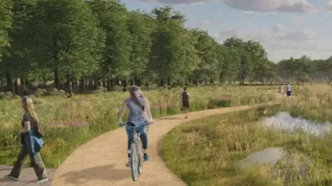 Ove Arup & Partners Ltd An artist's impression - a drawing of what the new trails might look like. The picture shows a woman riding a bike in the foreground, travelling down a winding brown footpath. There are other people in the background walking along the path, which snakes off into the distance. The path is lined by trees and grasses, with wetland habitats visible in the right hand corner. The sky in the picture is blue and slightly cloudy. 