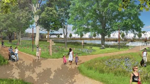 Homes England People walking through a visualisation of how the Chalgrove Airfield project might look