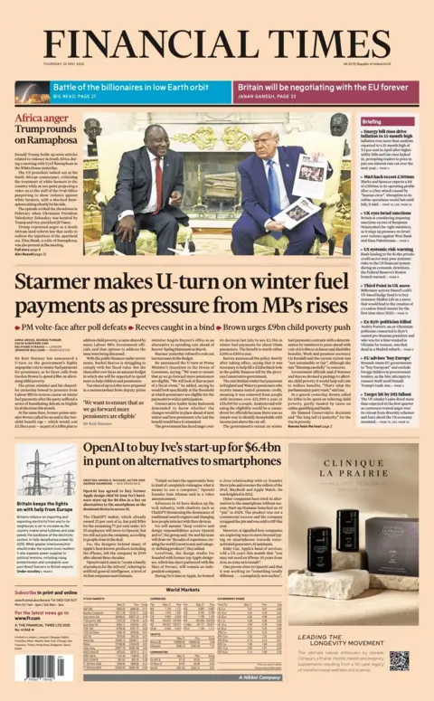 The headline on the front page of the Financial Times reads: "Starmer makes U-turn on winter fuel payments as pressure from MPs rises".