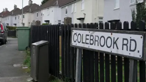 BBC A street sign with the words 'Colebrook Road' in front of a black fence around a garden. There is a pavement in front of the fence with a green wheelie bin and houses on the right. 