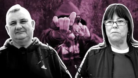 The image features two different photos side by side. Paul is standing in the road, Barbara is outside her front window describing where a catapult hit her property. Behind them both is an image of a young person wearing a hooded top, holding and aiming a catapult.