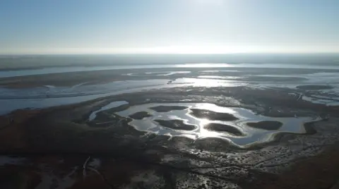 An aerial view of an island with marshes, streams and smaller islands on the coast of England 