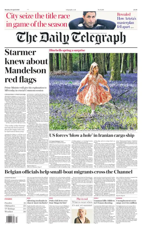"Starmer knew about Mandelson red flags" reads the headline on the front page of the Daily Telegraph.