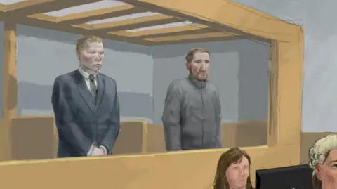 Nick Lewis Sketch showing the defendants in the dock. Carruthers on the left is cleanshaven with short fair hair and wearing a suit, Graham has a grey jacket and a ginger hair and beard