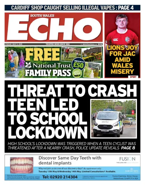 South Wales Echo Front page of the South Wales Echo witbh a police van and the headline threat to crash teen led to school lockdown