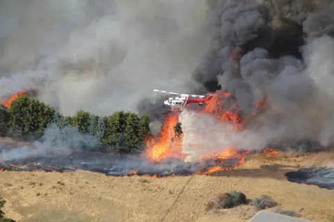 A helicopter flies over trees and bushland that are on fire