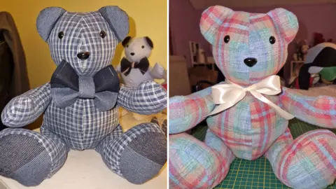 Leah Courtney Two bears are sitting on tables wearing bow ties, made from different materials. On the left, the bear is made from a gingham black and white material. On the right, the bear is made from a gingham material. 