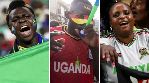 A Tanzania fan, a Uganda fan and a Kenya fan all show support for their national sides with face paint, a vuvuzela and a flag respectively