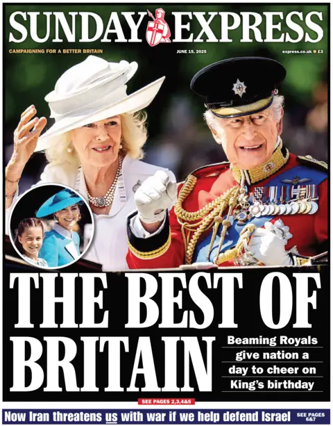 The front page of the Sunday Express. The headline reads "The best of Britain" and features an image of King Charles in military dress, with Queen Camilla dressed in white. They are waving to the crowd. There is also a smaller picture of the Princess of Wales with her daughter, Princess Charlotte.