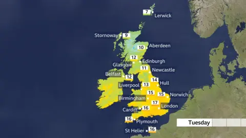 A weather map of the UK showing temperatures forecast for Tuesday. Temperatures range from 17C in the south to 7C in Lerwick in the Shetland Islands.