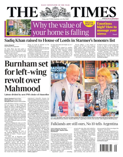 "Burnham set for left-wing revolt over Mahmood," reads the headline on the front page of the Times. 