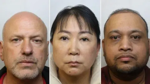 Three police custody shots. The first is of Benjamin Hopkins - a white man who is bald and with white facial stubble; the second is of Liu Xu Hopkins - a south east Asian woman with black hair and a fringe; the fourth is of Khondakar Hasan - an Asian man with thinning, short black hair and black stubble. 