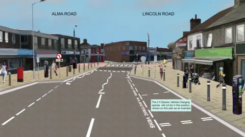 Peterborough City Council Lincoln Road upgrade artist's impression showing a pedestrian crossing with Belisha beacons, electric vehicle charging points and shops on either side of the road.